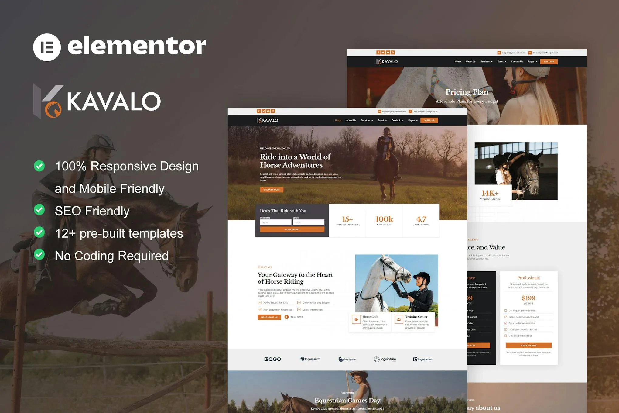 main preview (1) Cavallo – Horse Riding Club Elementor Pro Template Kit